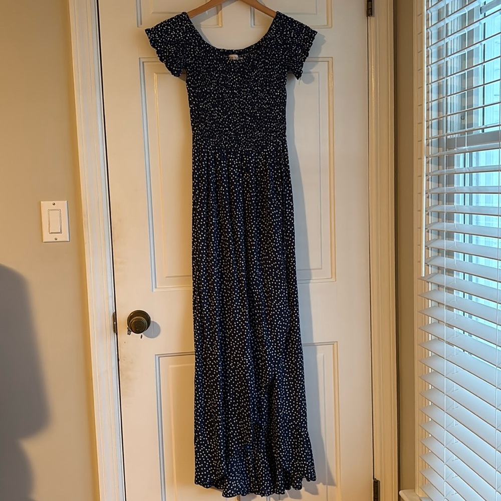 EUC Tiare Hawaii blue polka dot off the shoulders smocked dress. One Size